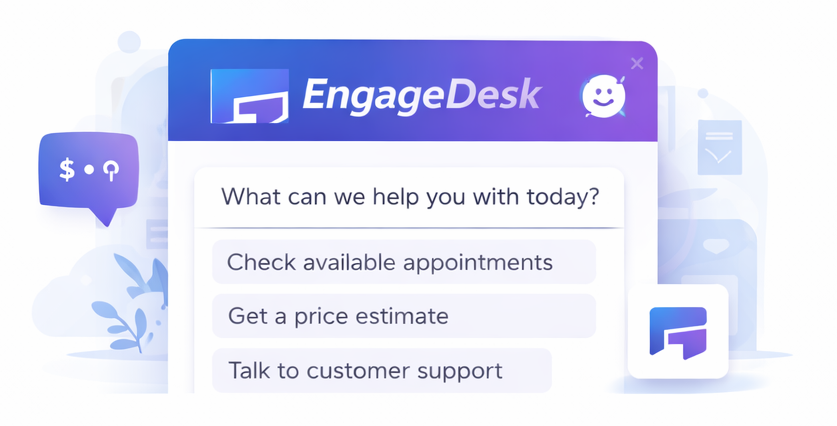 EngageDesk AI agent dashboard showing a live customer conversation and booking integration